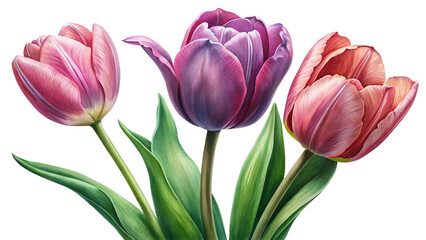 Fototapeta premium A Stunning Trio of Watercolor Tulips in Pink, Purple, and Coral