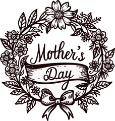 Decorative floral mother's day card design with elegant flower wreath and ribbon.