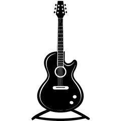 Vector silhouette of a guitar positioned upright on a stand 