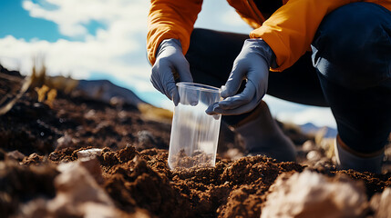 Geologist conducting a soil test to detect lithium concentrations in a potential mining area. Featuring soil testing