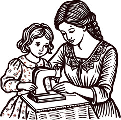 Caucasian woman and child using a vintage sewing machine, engaged in crafting activity with historical charm.