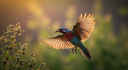 Fototapeta premium Golden-hour Bird in Flight: A Vibrant Jewel-toned Avian Soaring