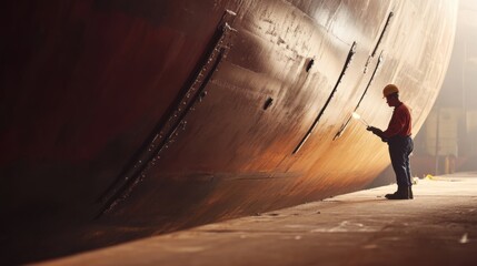 A shipyard worker inspecting a massive steel hull under construction. Featuring precision and industry