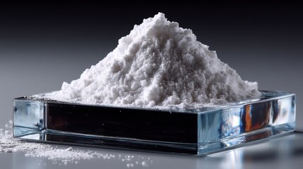 Refined lithium carbonate powder in geometric arrangement on glossy black glass