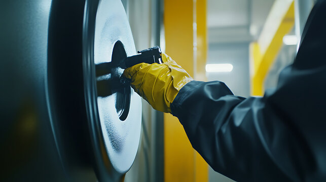 Painter applying protective coating on industrial machinery. Featuring maintenance work and surface protection