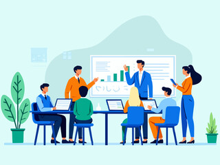 Flat design vector illustration of a business team analyzing data and presenting charts in a modern office setting. Team members seated at a table with laptops, showing graphs and statistics on large 