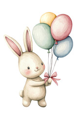 Obraz premium A joyful rabbit with large ears holds a bunch of pastel-colored balloons tied with a ribbon, creating a cheerful, whimsical atmosphere perfect for children's decor.