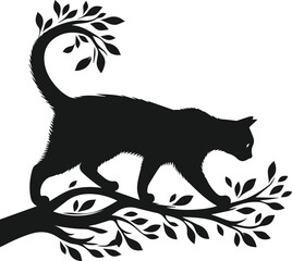 Cat with forest tree vector silhouette