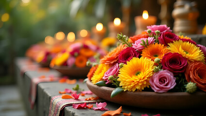 Vesak Floral Offerings: Vibrant Arrangements Symbolizing Reverence and Cultural Artistry in Nature - Perfect for Photo Stock with Left Space for Text