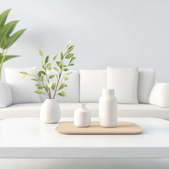 Minimalist Living Room with White Vases and Greenery on Coffee Table