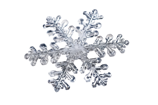Delicate snowflake resting on a surface, showcasing intricate patterns and shimmering crystals under soft light isolated on transparent background