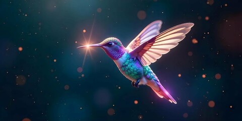 Obraz premium Magical Hummingbird with Cosmic Glow Fantasy Art with Iridescent Feathers and Starry Background