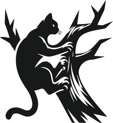 Cat with forest tree vector silhouette