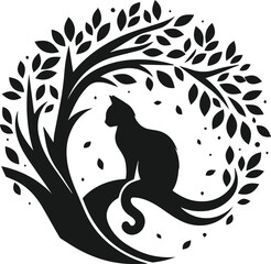 Cat with forest tree vector silhouette