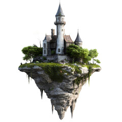 Floating castle surrounded by lush greenery and trees, set against a clear sky