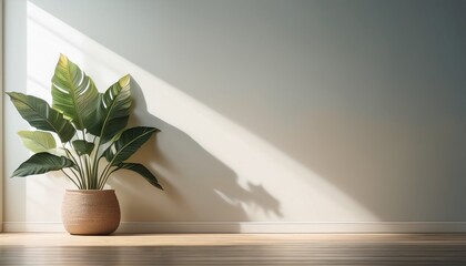 観葉植物の鉢が一つ、そっと置かれたミニマルなリビング。洗練されたインテリアと自然の静かな共鳴が織りなす上質な空間。

