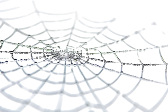 Delicate spider web adorned with glistening dew drops in a tranquil morning setting isolated on transparent background