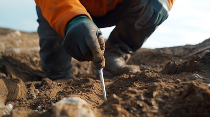 Geologist conducting soil testing to assess lithium mineral content in a mining area. Featuring soil testing