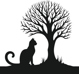 Cat with forest tree vector silhouette