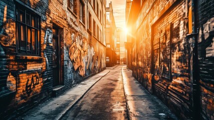 Fototapeta premium Walking Down Narrow Urban Alleyway with Brick Walls at Sunset
