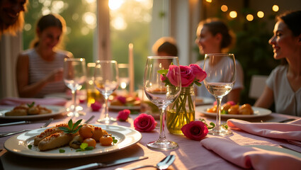 Document a sophisticated Mothers Day celebration that showcases vibrant decor warm family gatherings culinary delights and elegant table settings captured in premium high resolution imagery in  Photo 