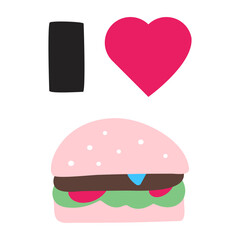 I love burger. Funny banner. Fast food concept. Hand drawn illustration on white background.