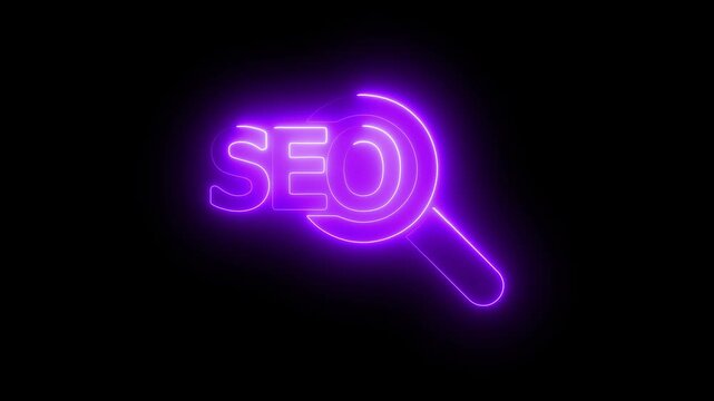 Glowing neon SEO icon on transparent background. Motion graphic animation for digital marketing and search engine optimization. Business, Technology, Internet and network concept.