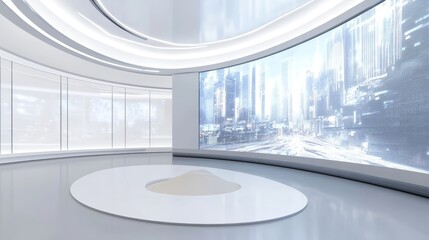 Modern digital exhibition hall lobby with curved led screen and interactive sand table design