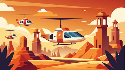 The air taxis offer a quick convenient and environmentallyfriendly mode of transport for tourists looking to explore the hidden gems of the desert city oasis.. Vector illustration