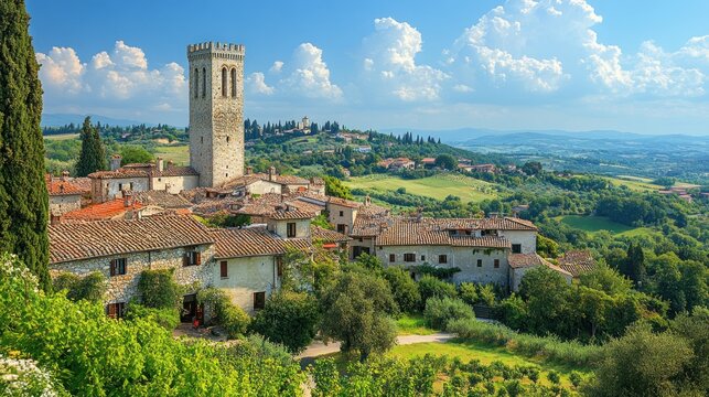 Tuscan Village Panorama: Stone Houses, Tower, Rolling Hills