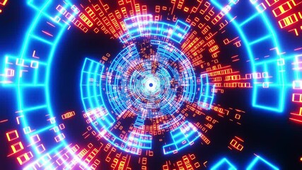 Flying through a neon tunnel with rings. Infinitely looped animation - Powered by Adobe