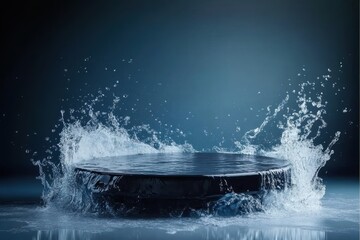3D Rendering, Black Round Stone Podium, Water Splash, Dark Blue Background, Product, Cosmetics Display Mockup. Beauty Product Display Platform.