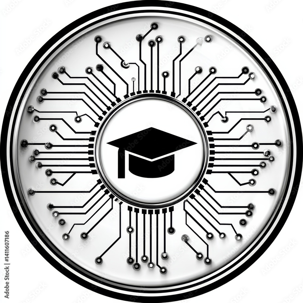 Aufkleber ai-powered education: mortarboard icon integrated within a detailed circuit board, emphasizing techn