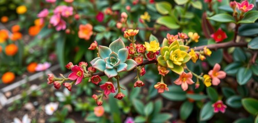 Obraz premium Vibrant succulent branch, colorful flowers & leaves, garden setting, flowers, desert
