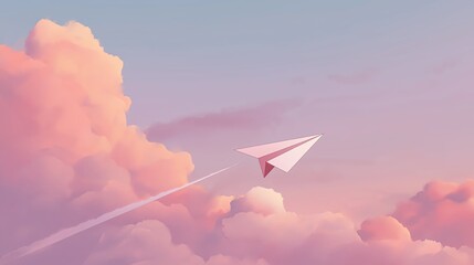 A paper airplane flying across a pastel sky