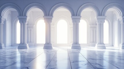 Elegant, empty hall with arched windows. Sunlight streams in