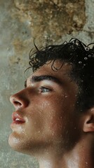 Close-up of a young man with wet hair gazing upwards against a textured wall background