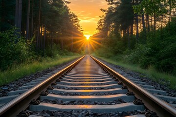 Fototapeta premium An enchanting shot of a railway track, where the vibrant rays of the sun break through a tunnel of verdant trees and lead toward a new day, evoking feelings of adventure and determination.