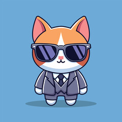 Cute Bad Cat Wearing Suit And Sunglasses Cartoon Vector Icon Illustration. Animal Fashion Icon Concept Isolated Premium Vector. Flat Cartoon Style