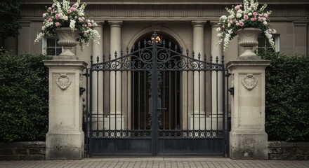 Fototapeta premium Elegant Mansion Gate Entrance - Ornate black iron gates stand before a grand mansion, framed by stone pillars and lush greenery