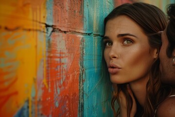 Fototapeta premium Intimate Moment: Whispers by a Graffiti Mural