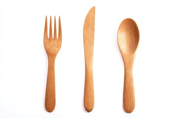 Wooden fork, knife, and spoon isolated on white background