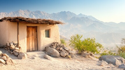 A quaint adobe house stands proudly amidst a vast desert landscape as the sun rises, illuminating the mountain backdrop and rocky terrain
