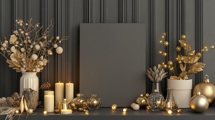 Empty canvas, Christmas decorations, dark wall.  Interior display