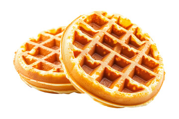 Close-up of two crispy golden waffles stacked together isolated on white background, concept of breakfast and sweet food.