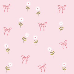 white flower with pink red bow seamless pattern , vector , illustration