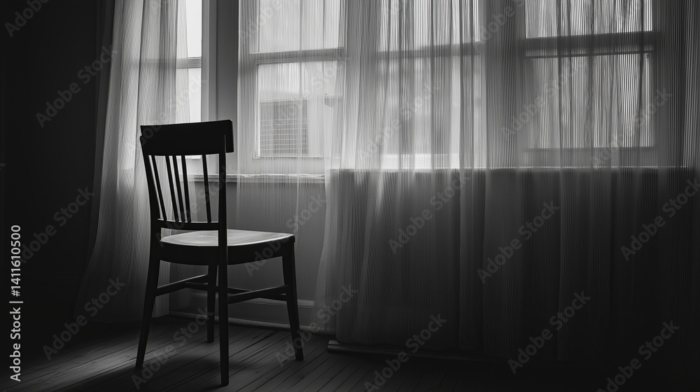 Poster empty chair next to a window with sheer curtains