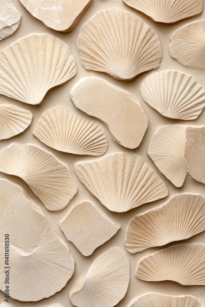 Poster delicate shells with intricate patterns create a soothing visual display on a neutral backdrop, idea