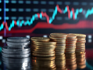 3D render of towering stacks of golden coins and stock market chart background.