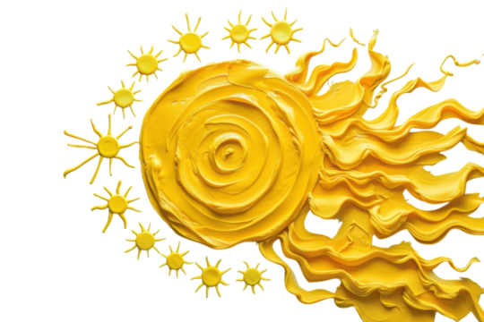 A vibrant sun made from swirling yellow paint and playful rays against a minimalist background evokes warmth and creativity isolated on transparent background